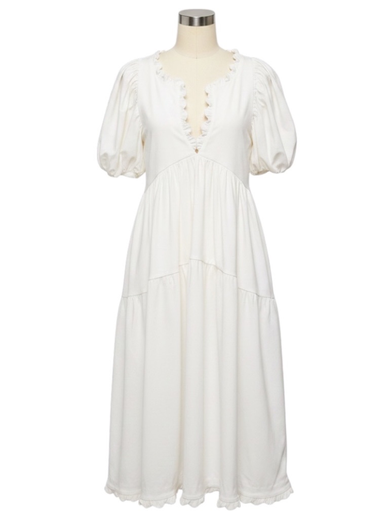 Kika Vargas White Ruffle Trim Cotton Stretch Midi Dress